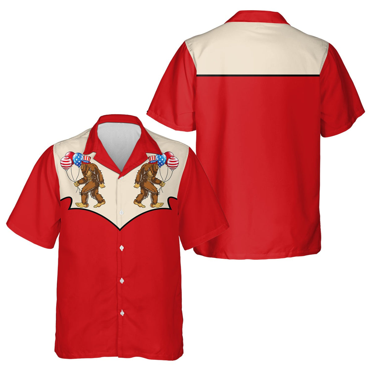 Main view of the red Fourth of July Bigfoot Hawaiian shirt