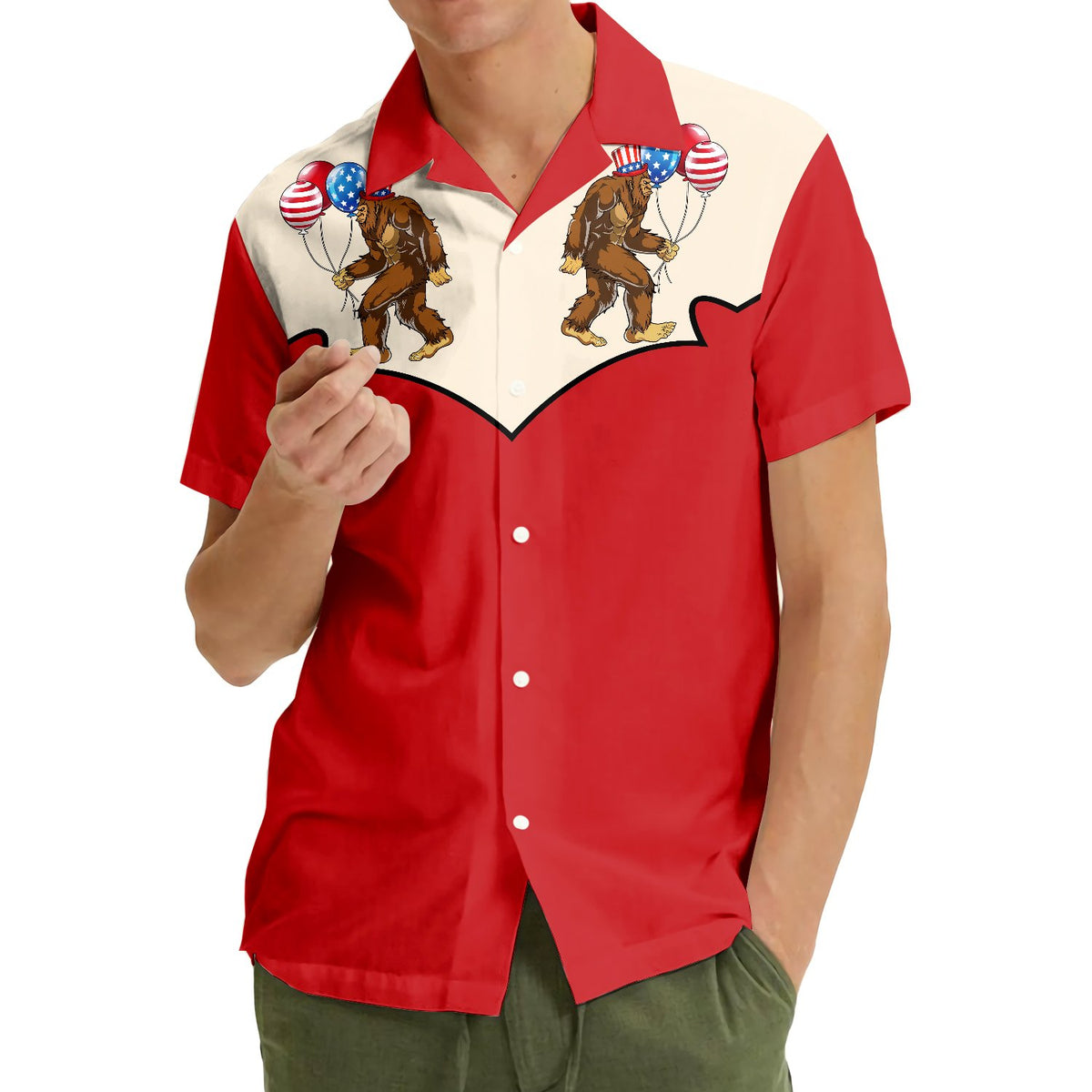 Outdoor lifestyle view showing the red Bigfoot Hawaiian shirt