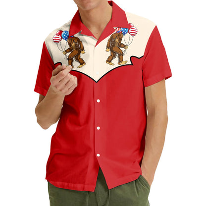 Outdoor lifestyle view showing the red Bigfoot Hawaiian shirt