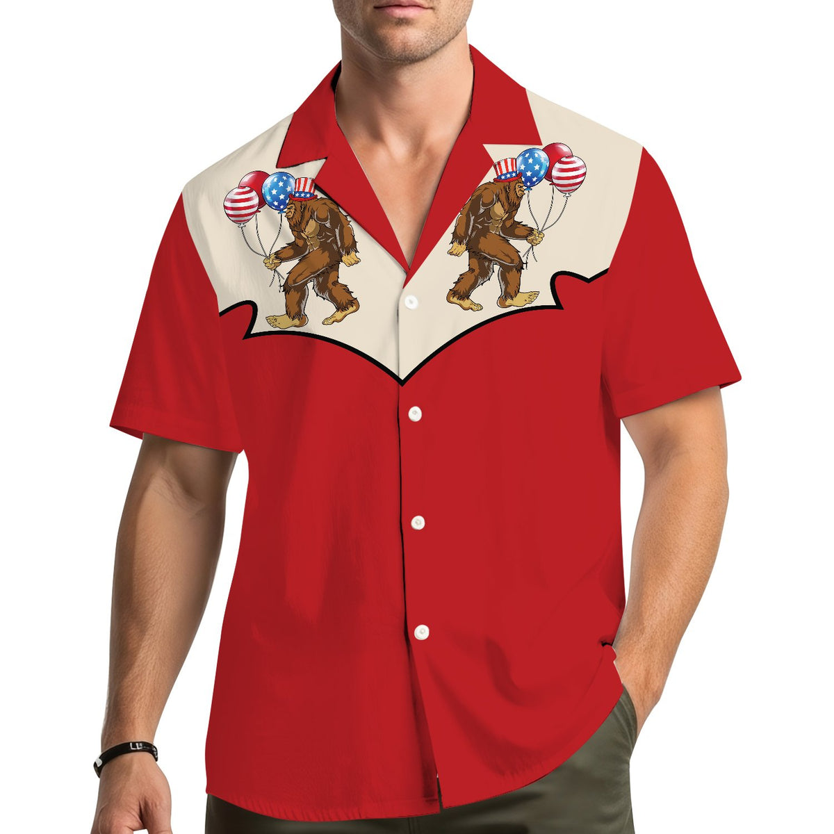 Lifestyle view of a family wearing matching Fourth of July Hawaiian shirts