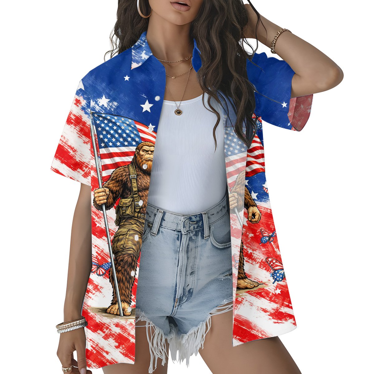 Close up back view of matching family Hawaiian shirt with abstract flag pattern