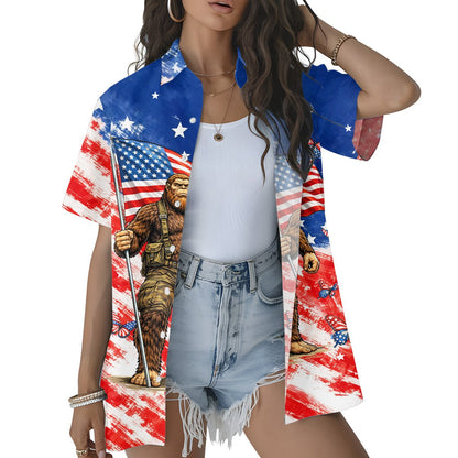 Close up back view of matching family Hawaiian shirt with abstract flag pattern