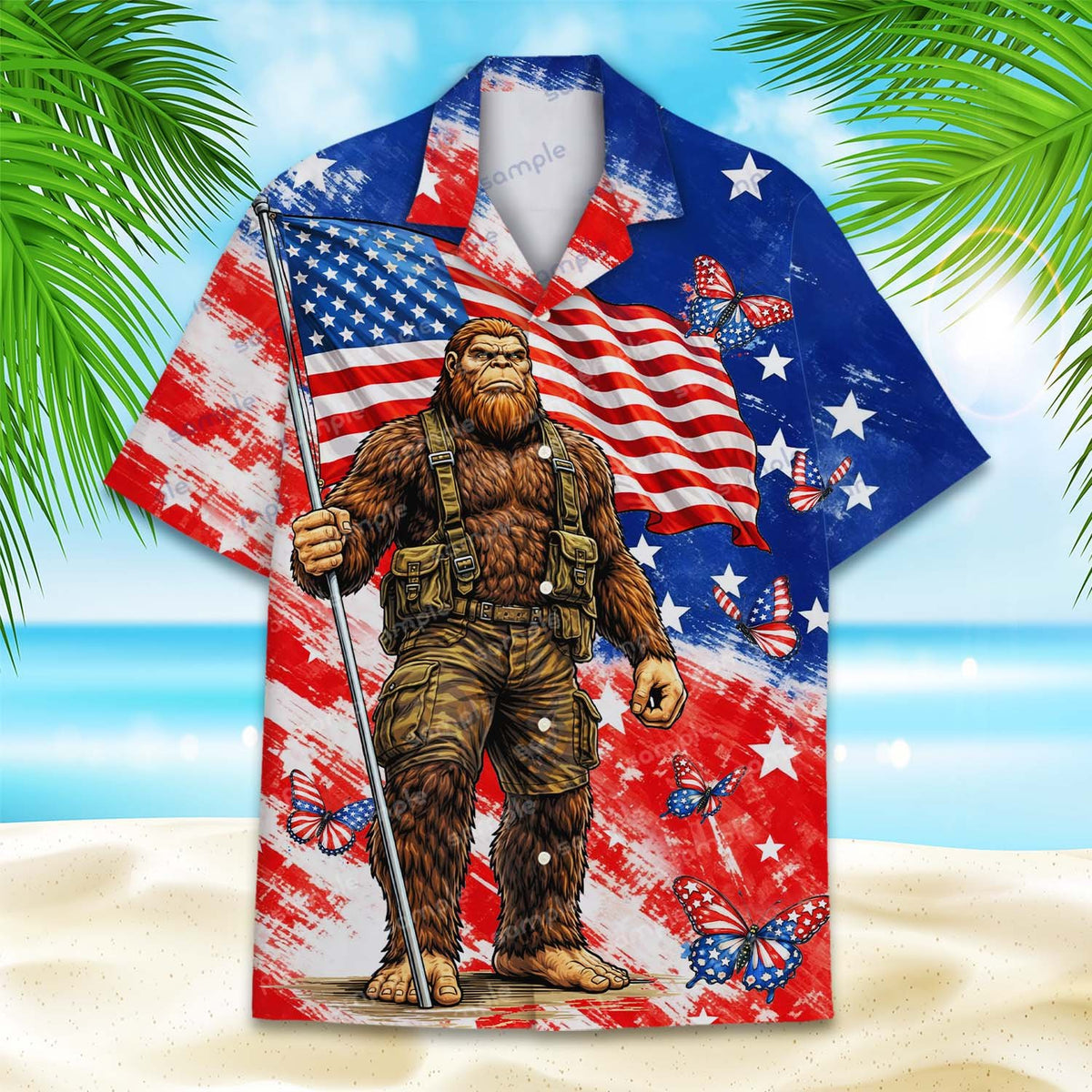 Alternative front view of Fourth of July Bigfoot Hawaiian shirt