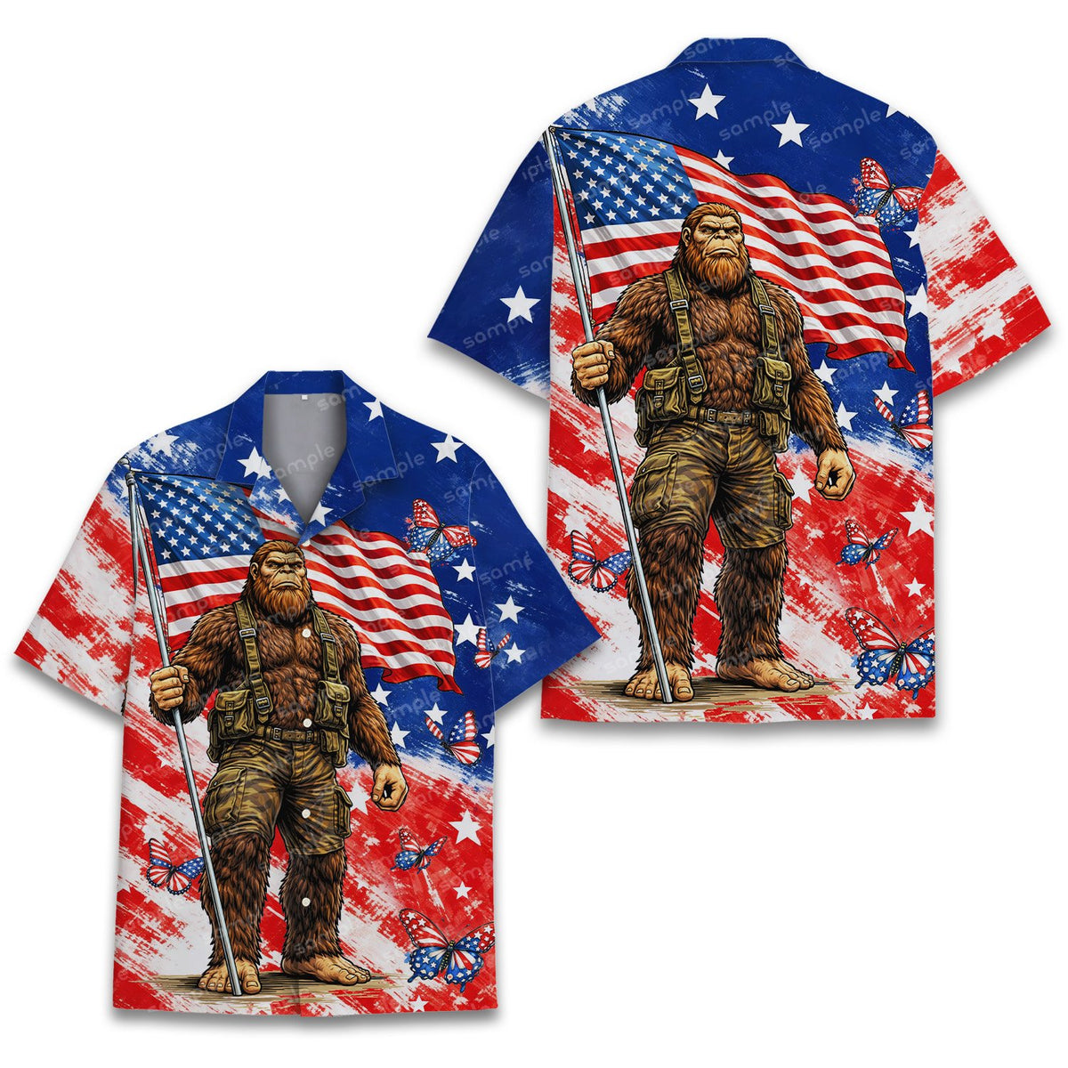 Detailed front view of tactical Bigfoot Hawaiian shirt
