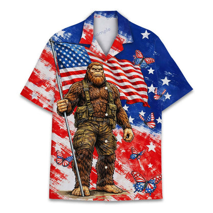 Close up front view of matching family Hawaiian shirt with Bigfoot tactical design