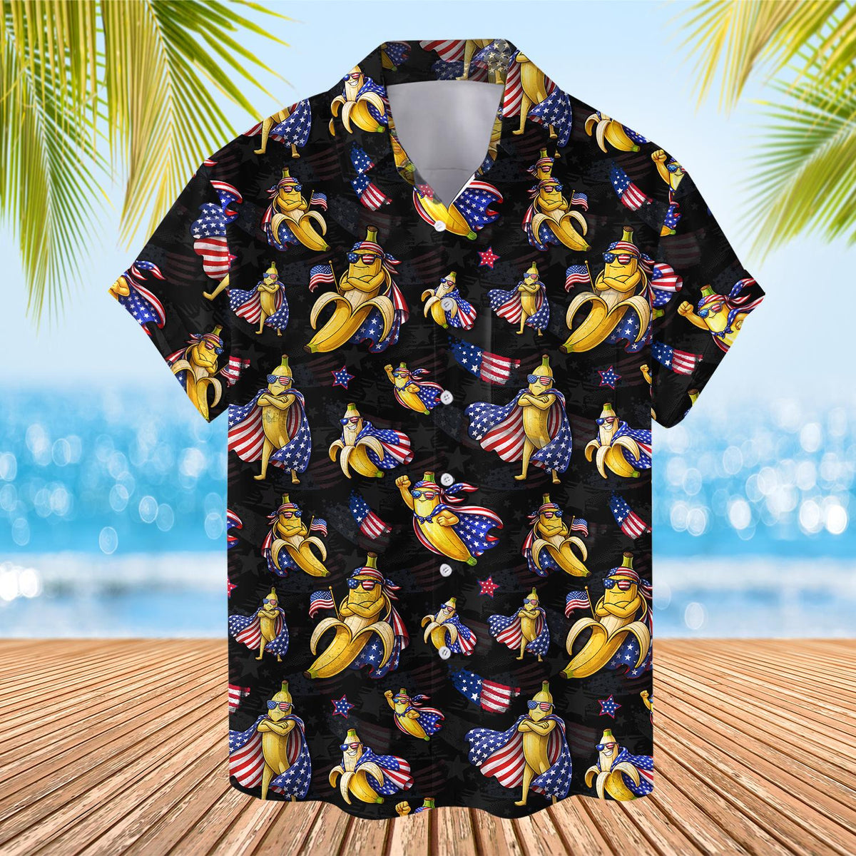 Detail back view of the black patriotic banana hawaiian shirt