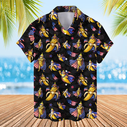 Detail back view of the black patriotic banana hawaiian shirt