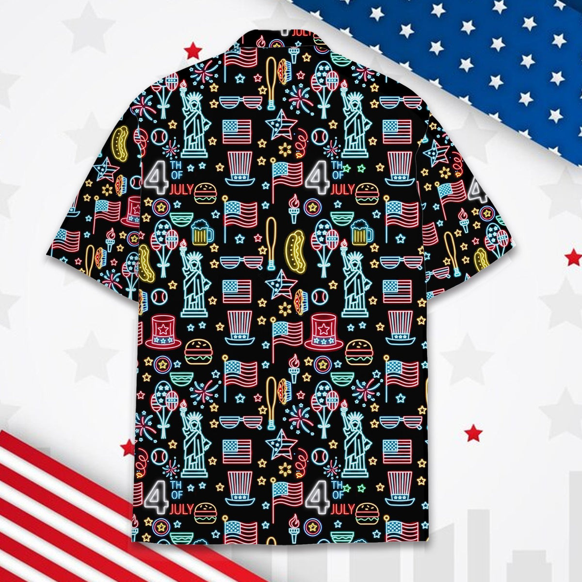 Back view of the holiday hawaiian shirt with all-over neon Independence Day print