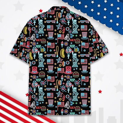 Back view of the holiday hawaiian shirt with all-over neon Independence Day print