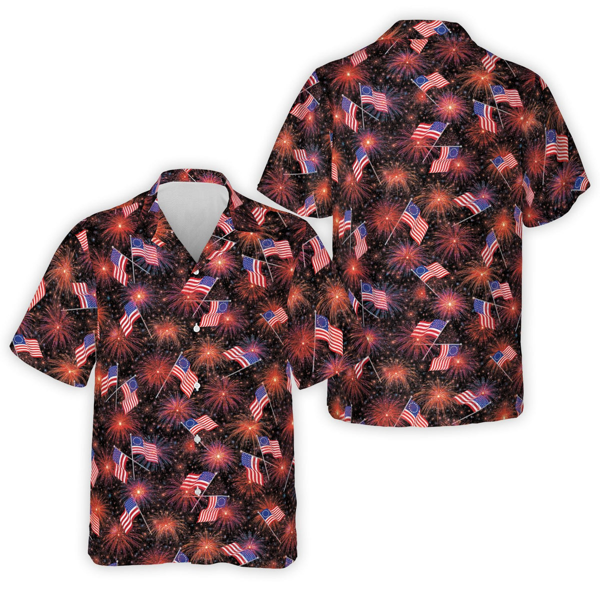 Black matching family hawaiian shirt featuring red, white, and blue fireworks
