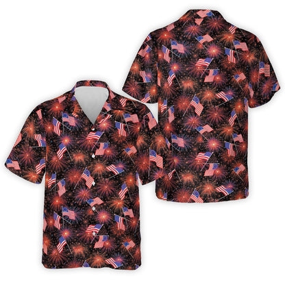 Black matching family hawaiian shirt featuring red, white, and blue fireworks