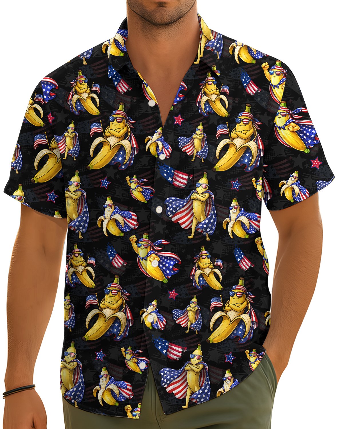 Detail front view of fourth of july hawaiian shirt with bananas