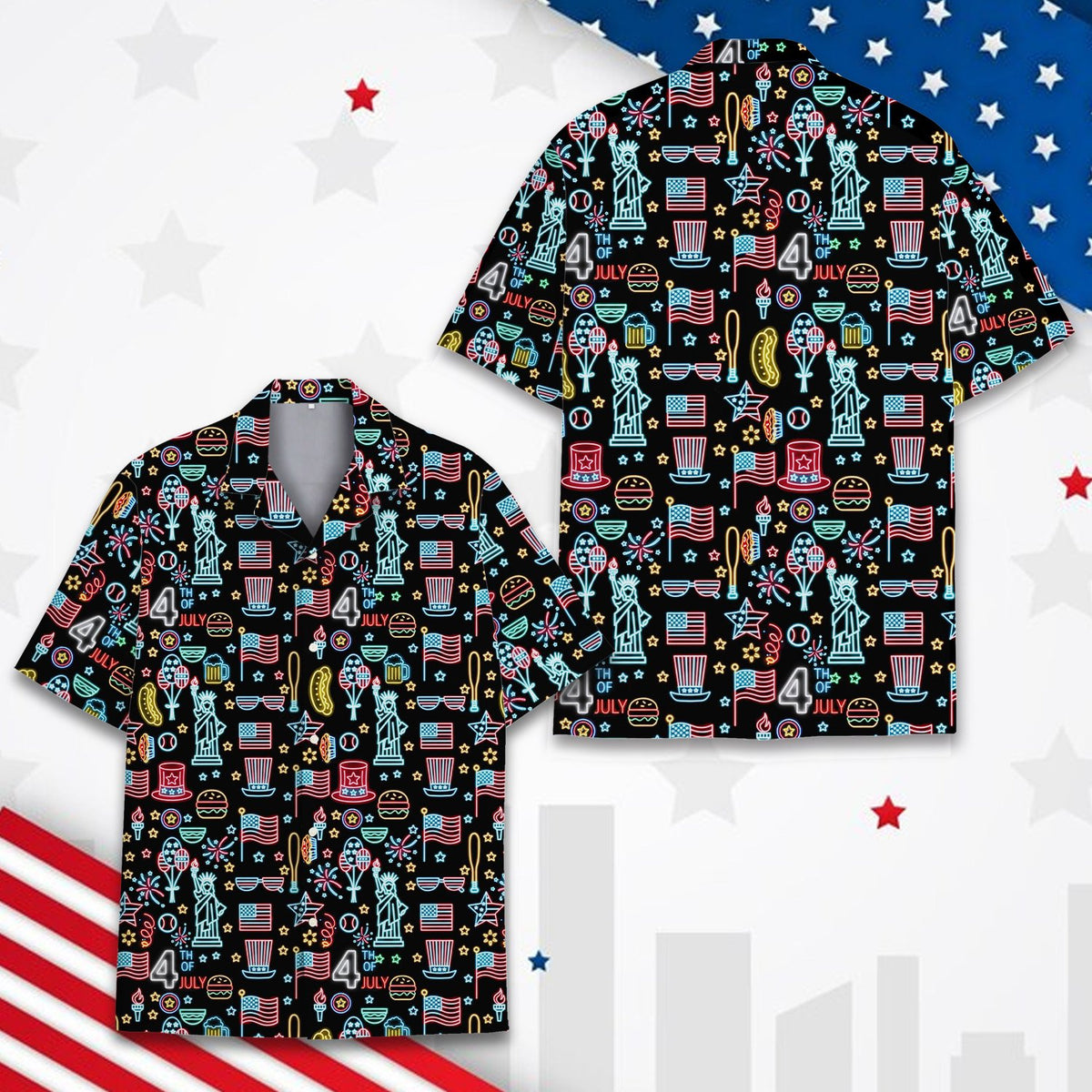 Detailed front view showing neon hot dogs, hamburgers, and baseballs on the hawaiian shirt
