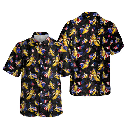 Close up front view of patriotic banana hawaiian shirt