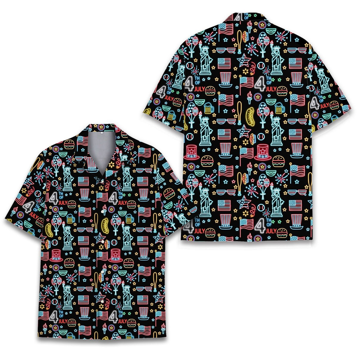 Close up front view of the Fourth of July text and Statue of Liberty neon icons