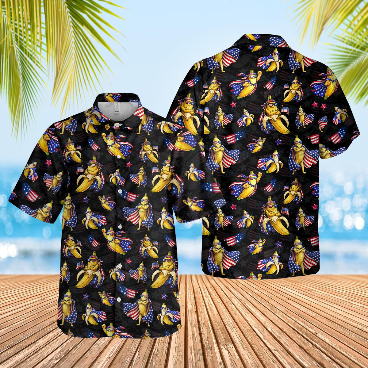 Front view of black matching family hawaiian shirt with banana pattern