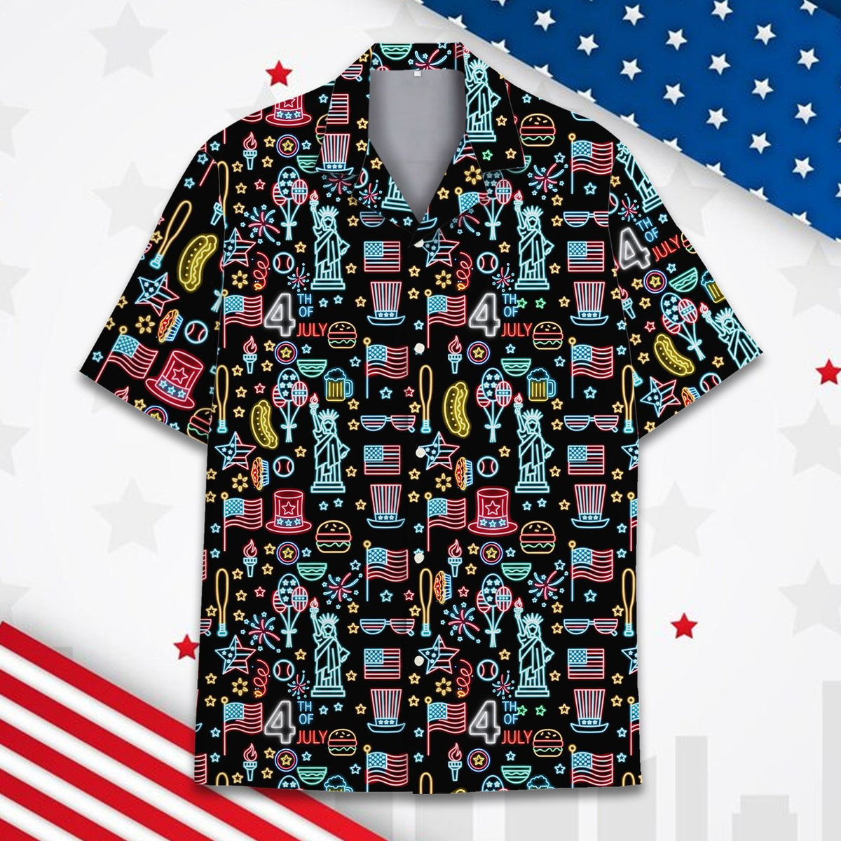 Front view of the matching family hawaiian shirt with fireworks and American flag designs