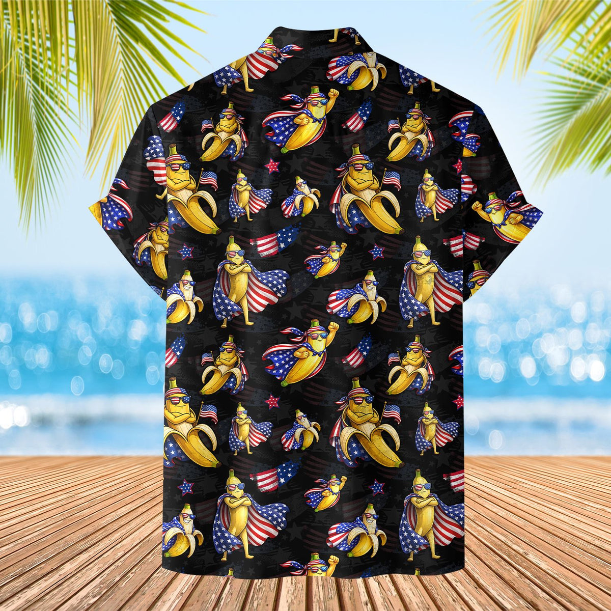 Lifestyle view of a family wearing matching fourth of july hawaiian shirts