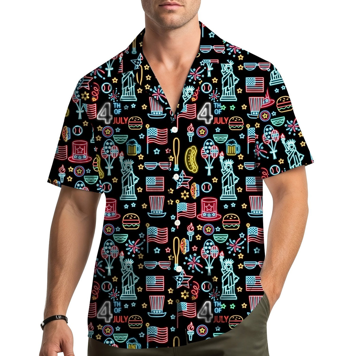 Lifestyle view of a family wearing matching fourth of july hawaiian shirts