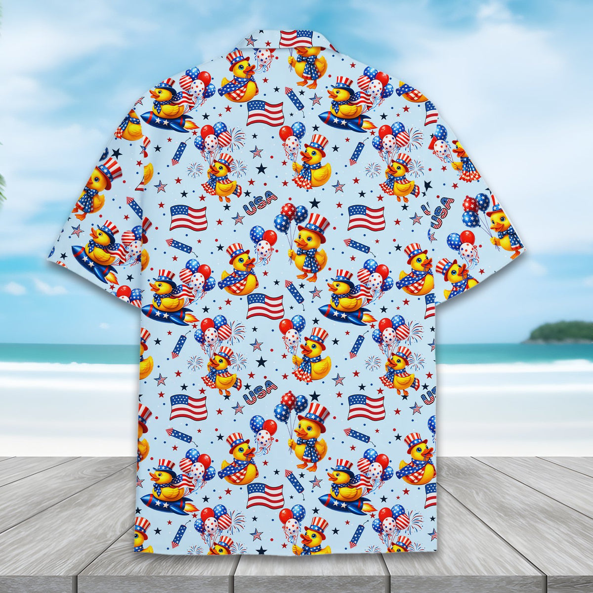 Second back view of the matching family hawaiian shirt with rockets and fireworks