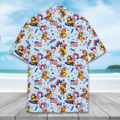 Second back view of the matching family hawaiian shirt with rockets and fireworks