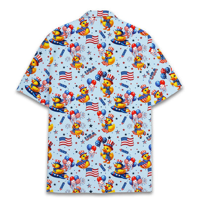 Back view of the fourth of july hawaiian shirt with patriotic duck design