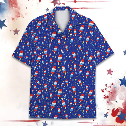 Blue fourth of july hawaiian shirt with red white and blue popsicles front detail