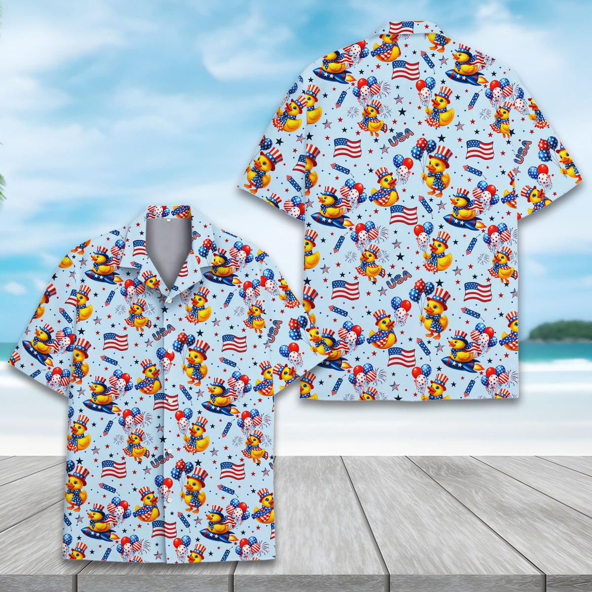Fun holiday hawaiian shirt with American flags and stars, front view