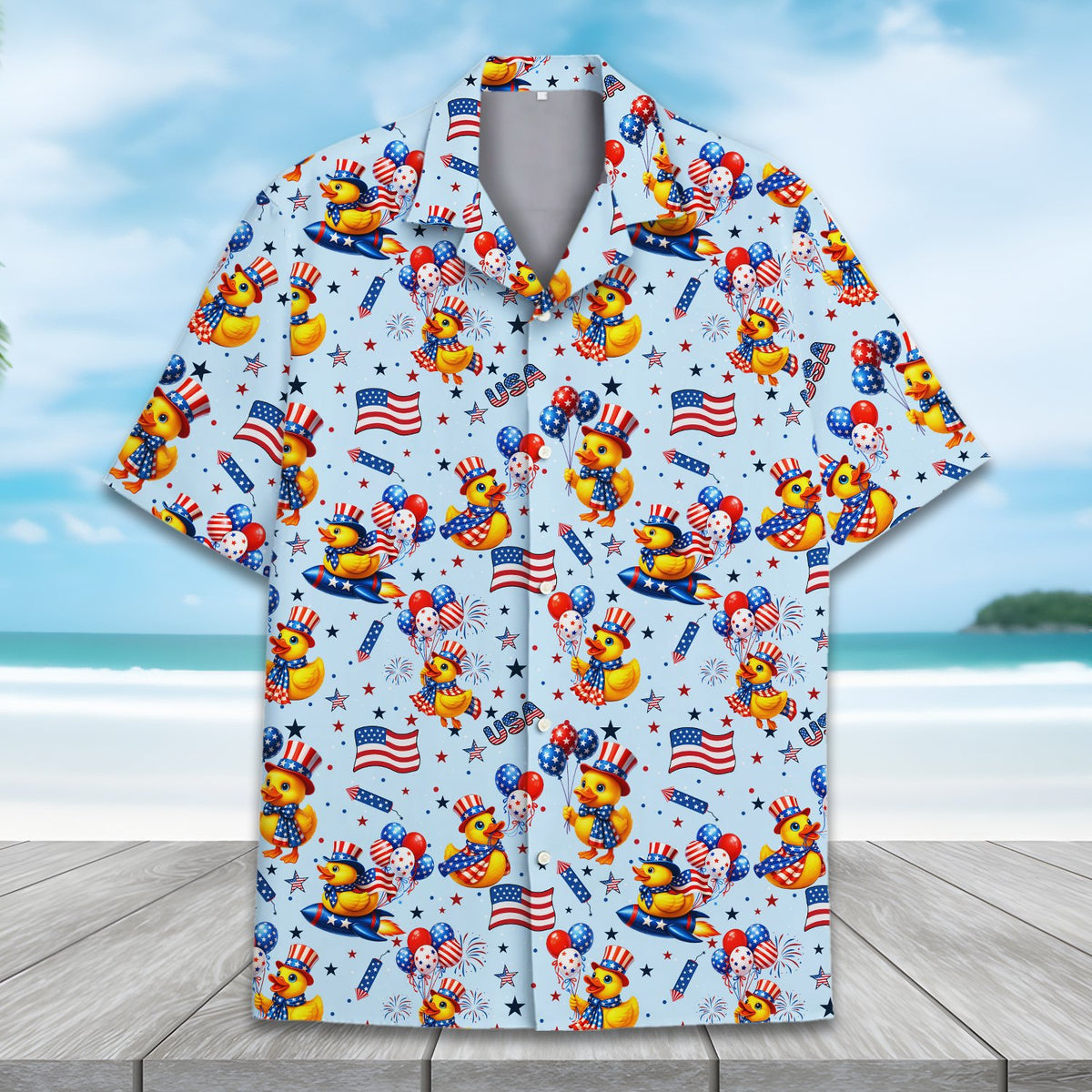 Fourth of july hawaiian shirt for matching family outfits, front view