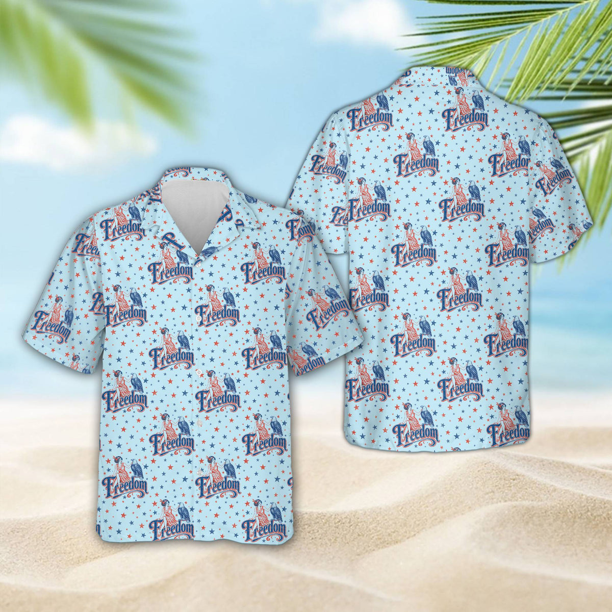 Blue fourth of july hawaiian shirt, front view