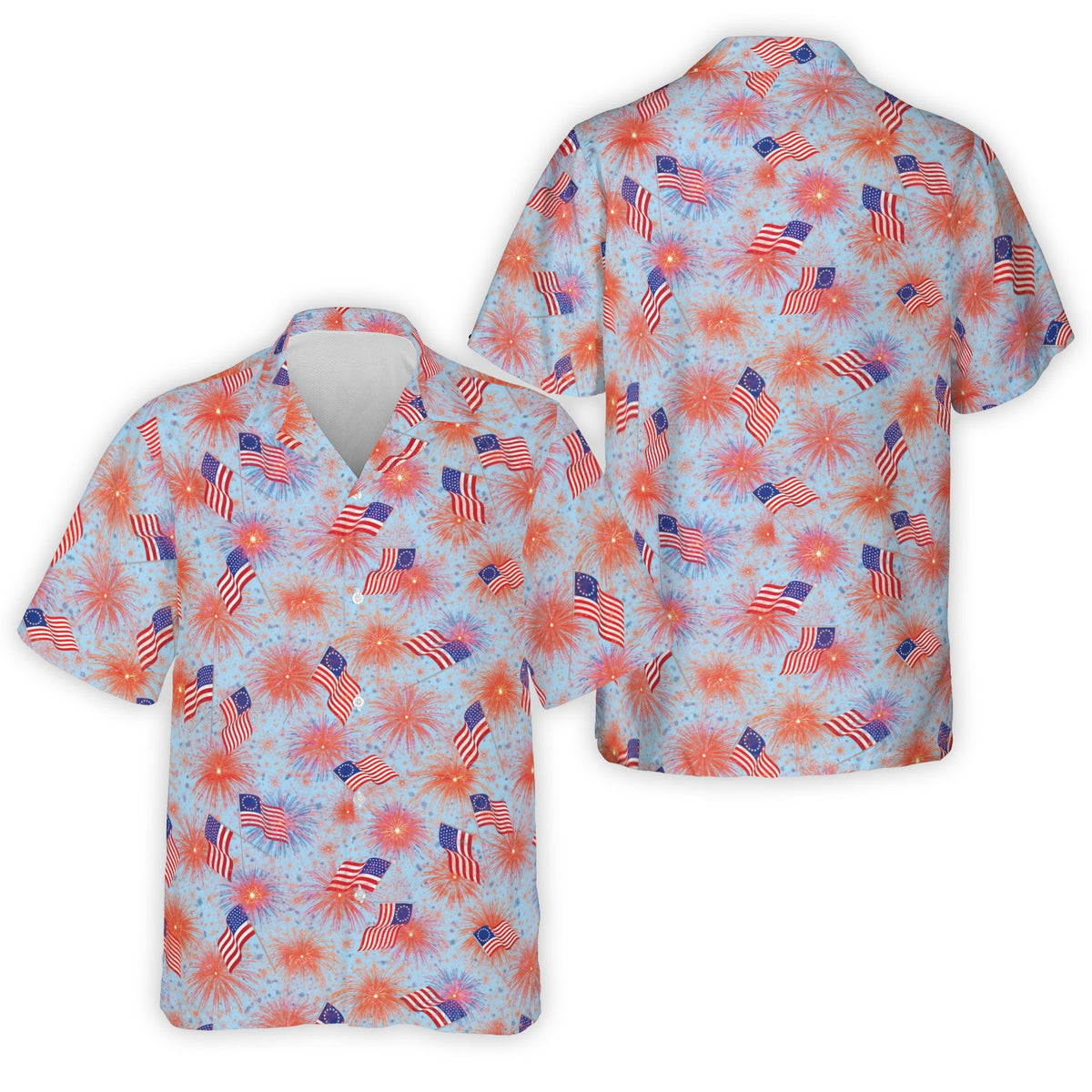 Blue family hawaiian shirt displaying patriotic fireworks design