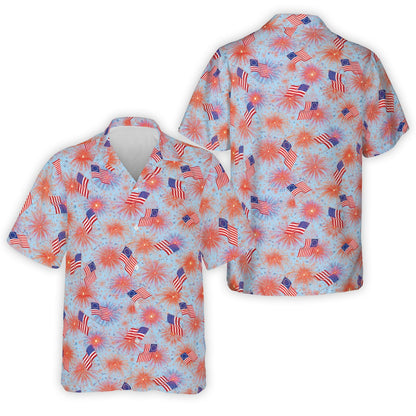 Blue family hawaiian shirt displaying patriotic fireworks design