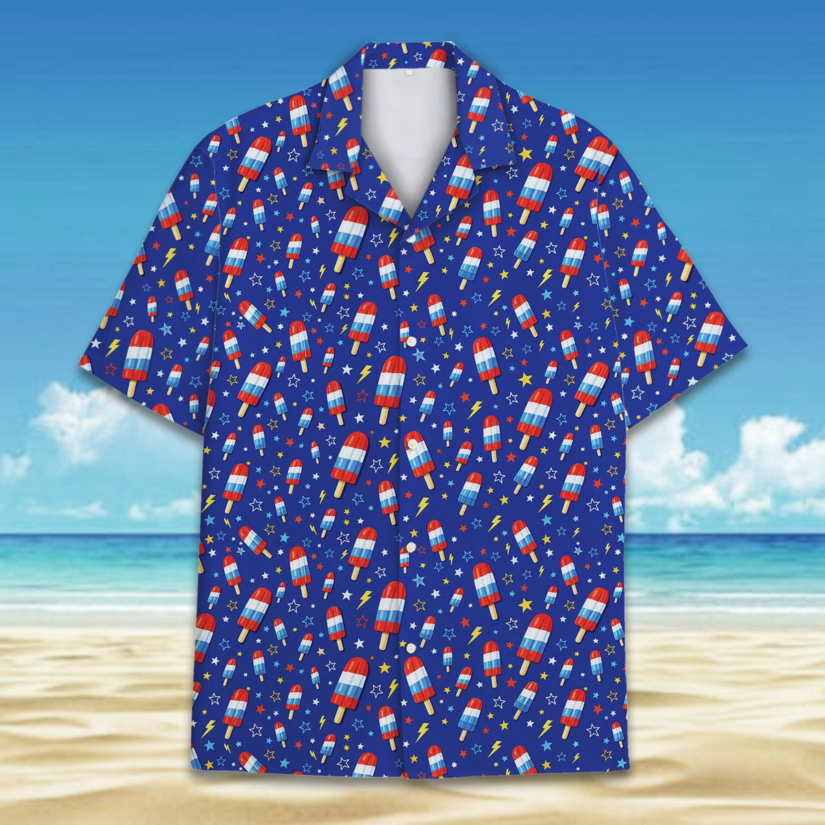 Fourth of July hawaiian shirt with popsicles and stars front view