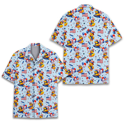Fourth of july hawaiian shirt with patriotic ducks on light blue background, main view