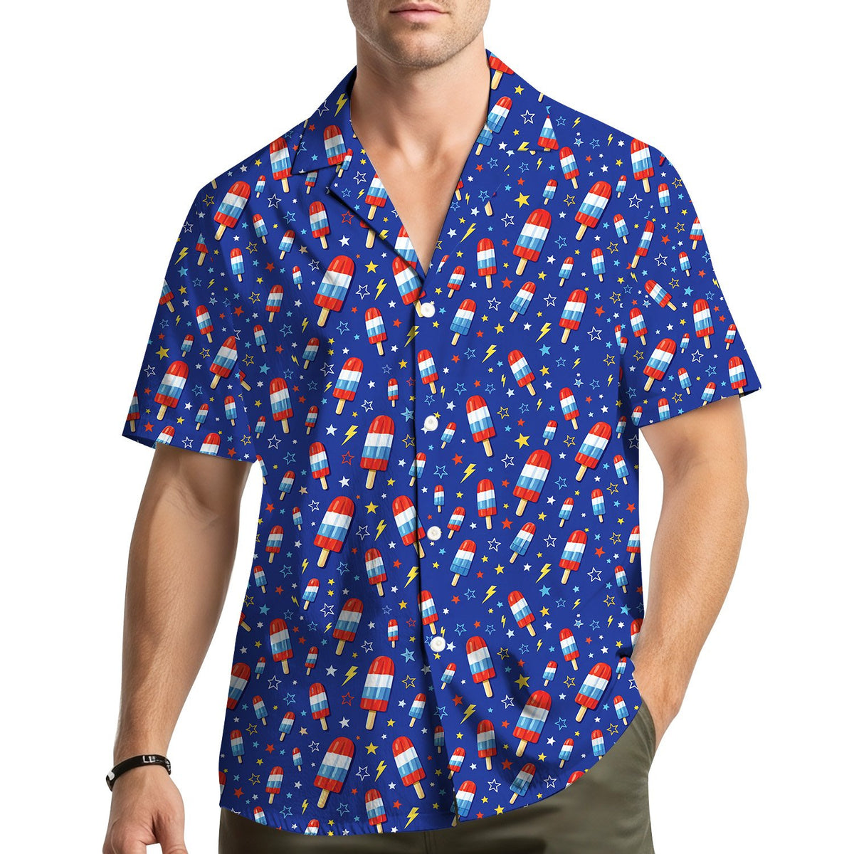 Lifestyle view of someone wearing a blue fourth of july hawaiian shirt