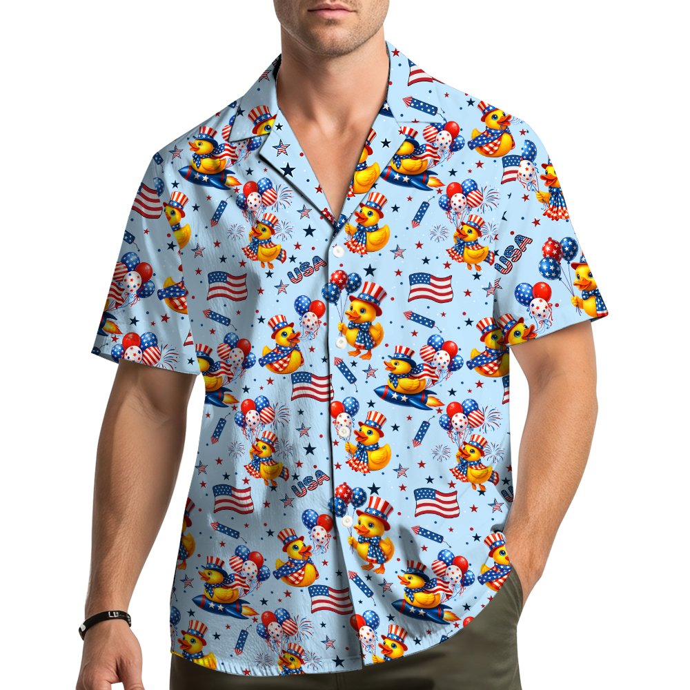 Lifestyle view of the fourth of july hawaiian shirt being worn