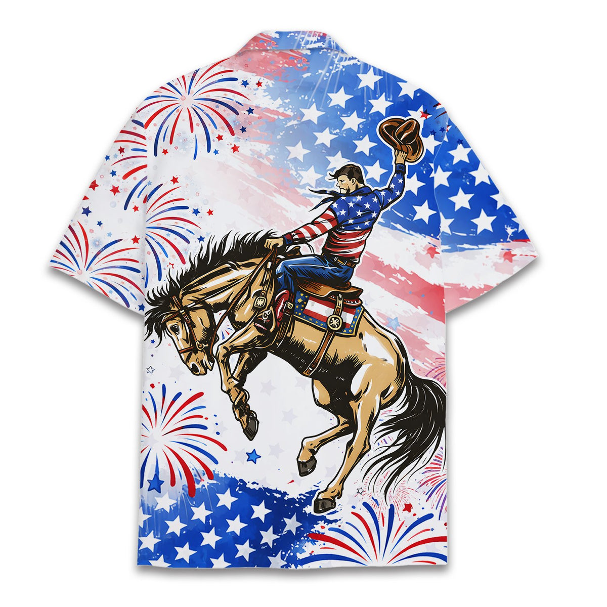 Back view of the fourth of july cowboy hawaiian shirt