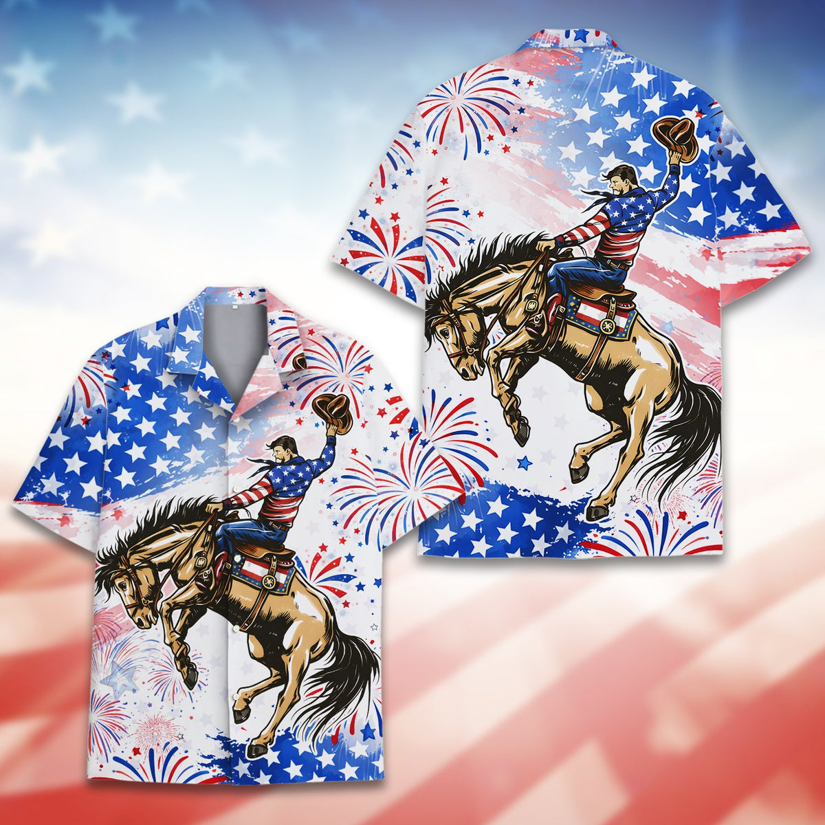 Another front view of the patriotic rodeo hawaiian shirt
