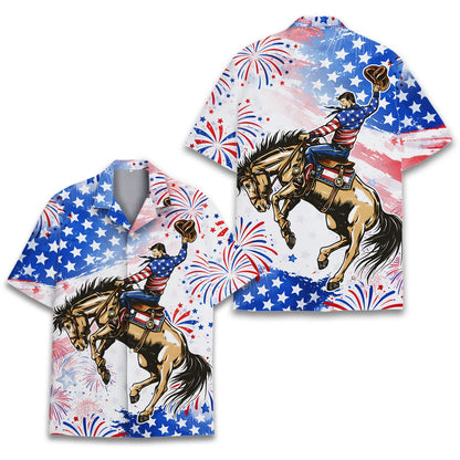Fourth of july cowboy hawaiian shirt with patriotic rodeo design, front view