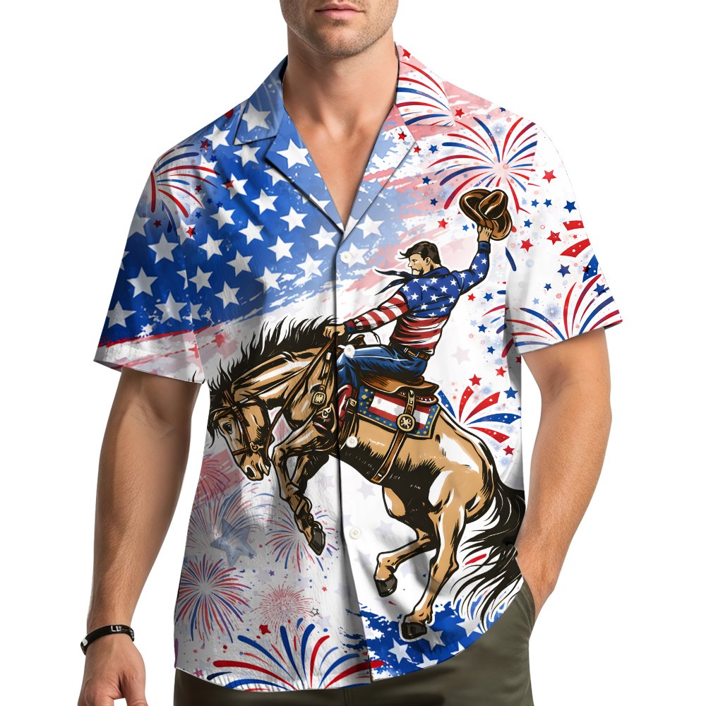 Lifestyle view of a person wearing the fourth of july cowboy hawaiian shirt