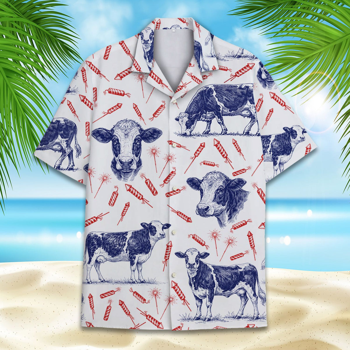 Close-up front detail of the white Hawaiian shirt with blue cow pattern
