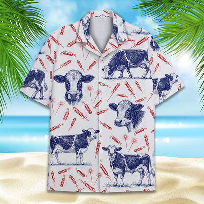 Close-up front detail of the white Hawaiian shirt with blue cow pattern