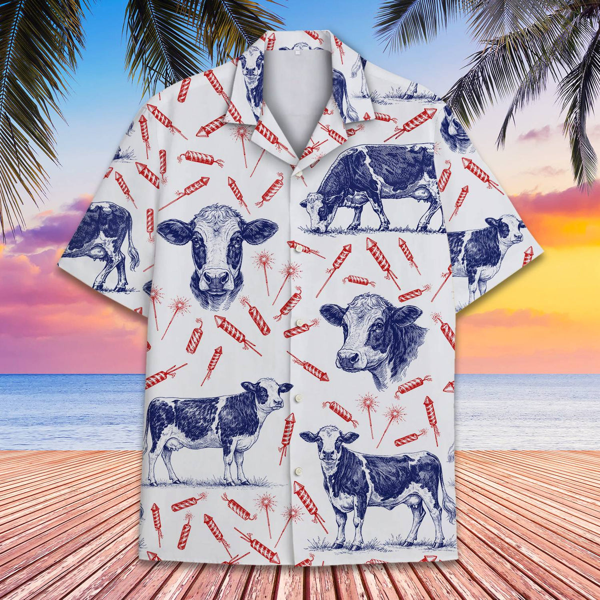 Another front view showing the collar and short sleeves of the cow print shirt