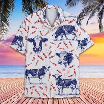Another front view showing the collar and short sleeves of the cow print shirt