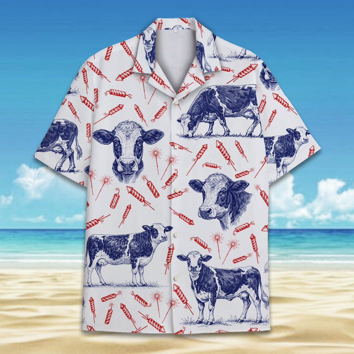 White matching family Hawaiian shirt featuring a pattern of blue sketched cows and red fireworks