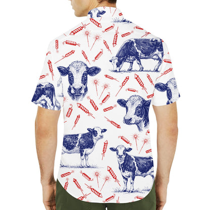Lifestyle view showing the fourth of july cows Hawaiian shirt worn outdoors