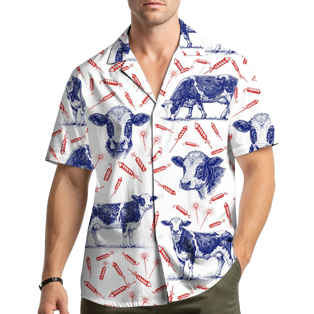 Person wearing the matching family Hawaiian shirt in a lifestyle setting