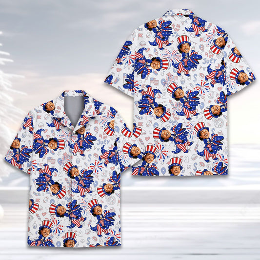 Main view of the fourth of july dinosaur hawaiian shirt with custom name and number