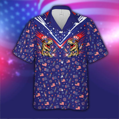 Detailed view of the matching family hawaiian shirts featuring a dinosaur and fireworks pattern