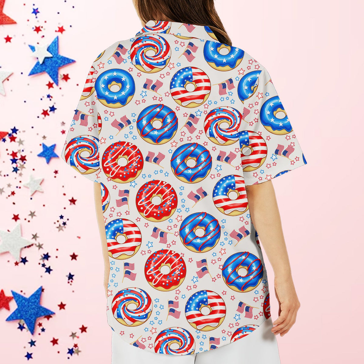 Slight angle back view of the patriotic holiday hawaiian shirt